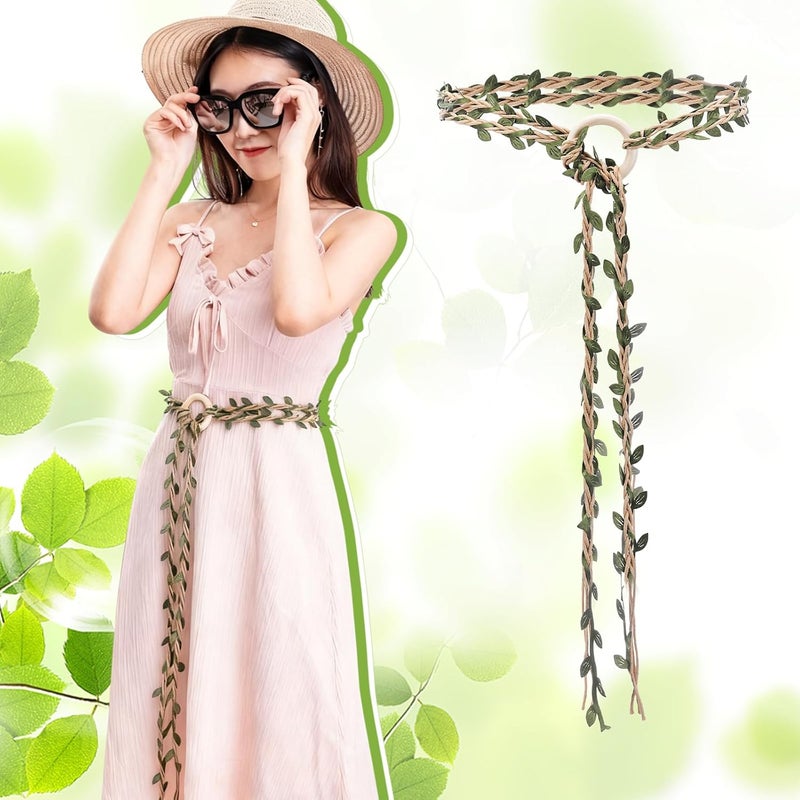 Cuffbow Artificial Leaf Skinny Belt with Wooden Buckle Twisted Braided Vintage Waist Rope Chain Bohemian Waist Belt Adjustable Hemp Rope for Dress DIY Renaissance Medieval Viking Accessories - Image 4